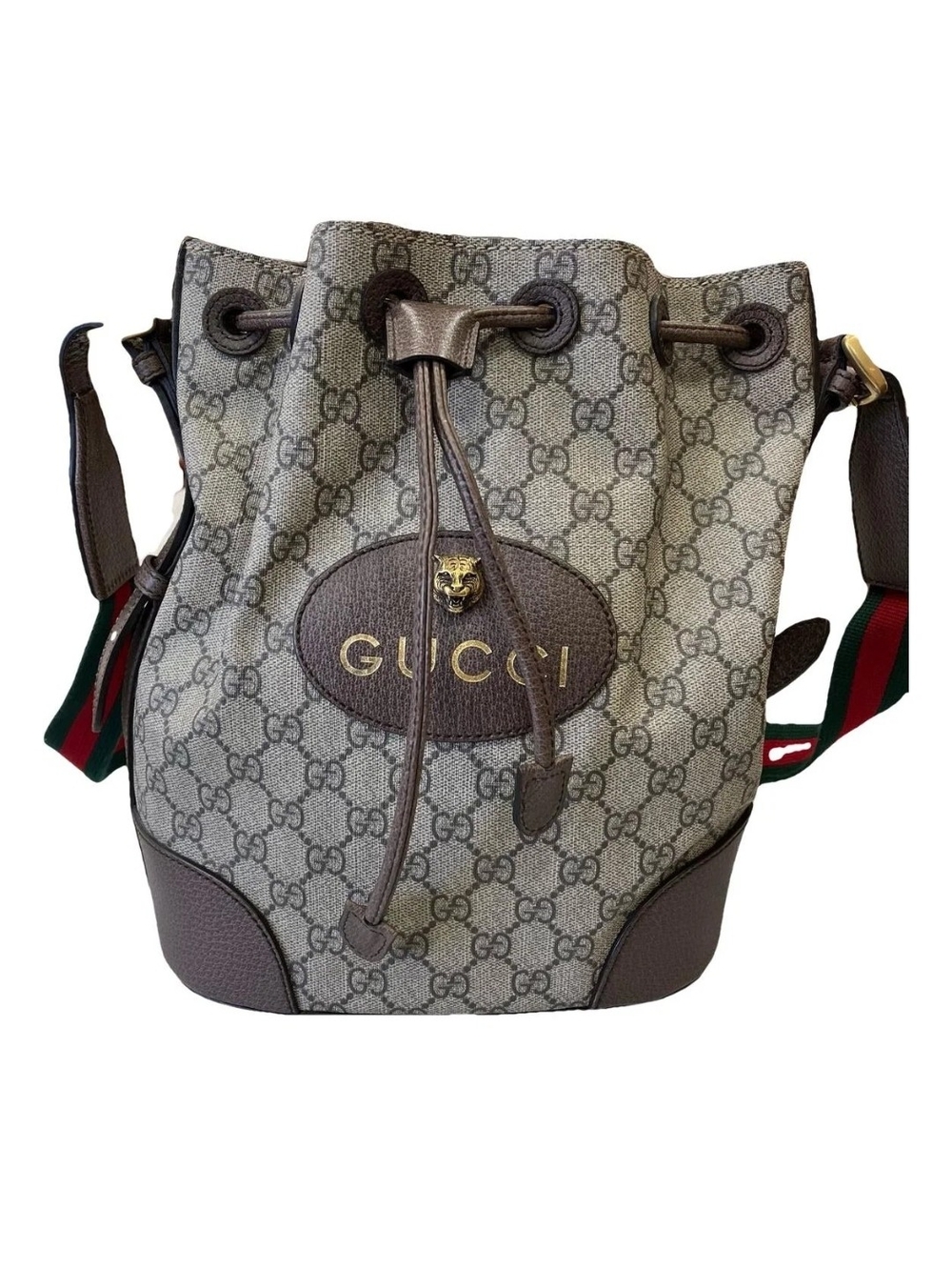 Gucci GG Supreme Bucket Bag in Beige/Brown with Web Strap